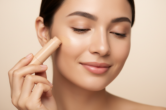 Vrouw brengt foundation stick aan op wang – kleur aanpassende make-up natuurlijke finish – ElleCera