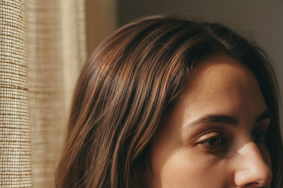Vrouw met volle haarlijn – HairLine Perfect Poeder voor dunne haarlijn en kale plekken – ElleCera