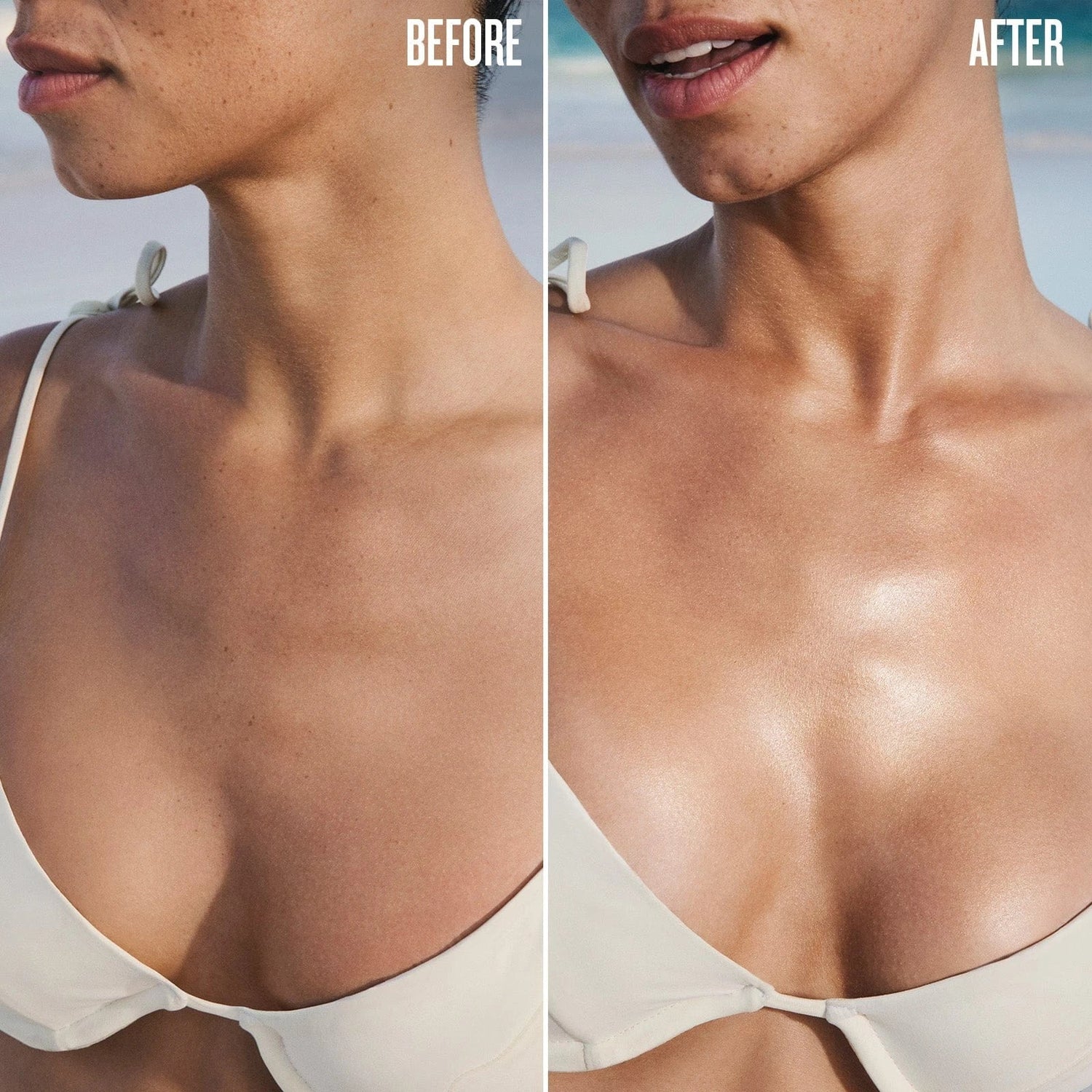 Gold Silk Body Oil voor en na – droge huid zichtbaar zachter en hydraterend na gebruik – ElleCera