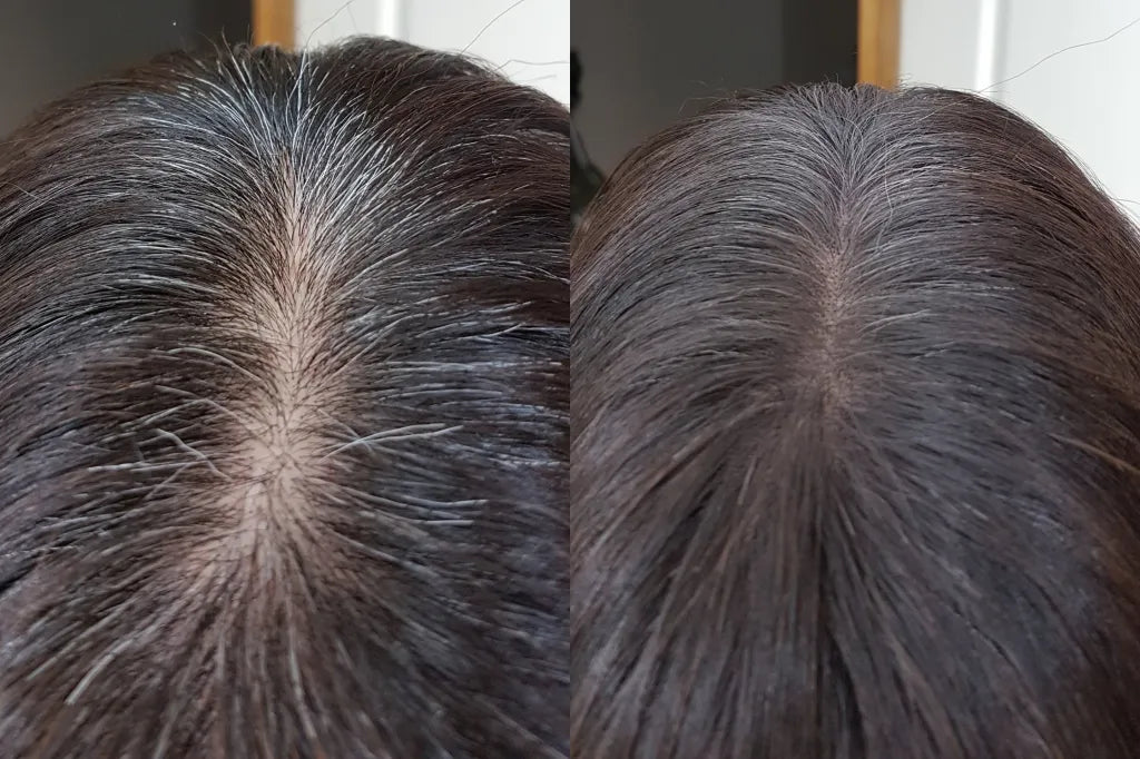 HairLine Perfect Poeder voor en na – vollere scheiding en dichtere haarlijn bij dun haar – ElleCera