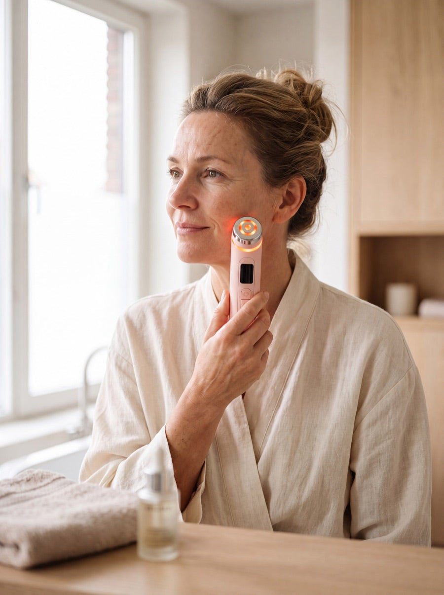 Vrouw brengt haar serum aan en gebruikt de GlowBoost V2 in de badkamer